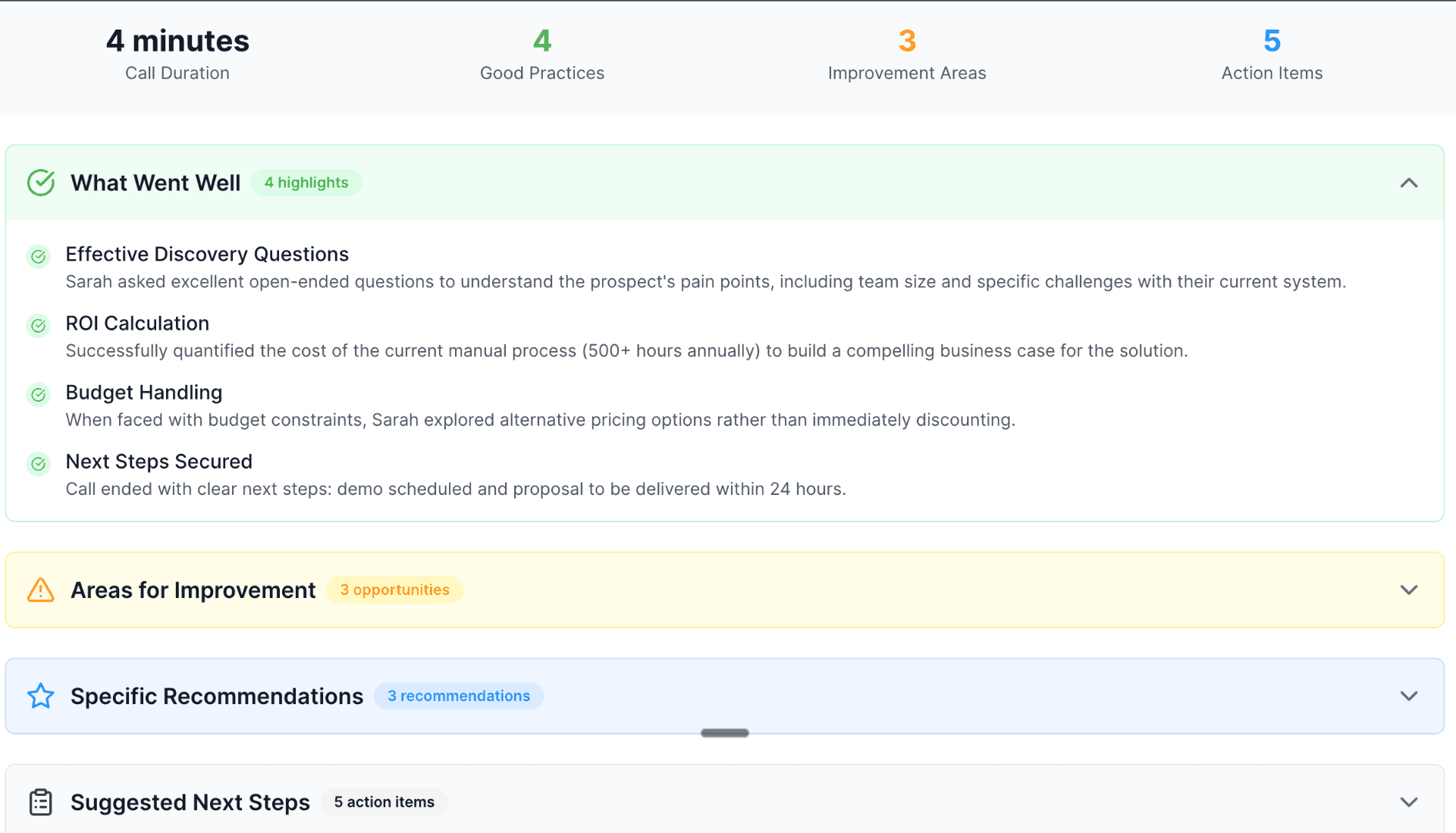 AI sales tool dashboard showing call analysis and insights